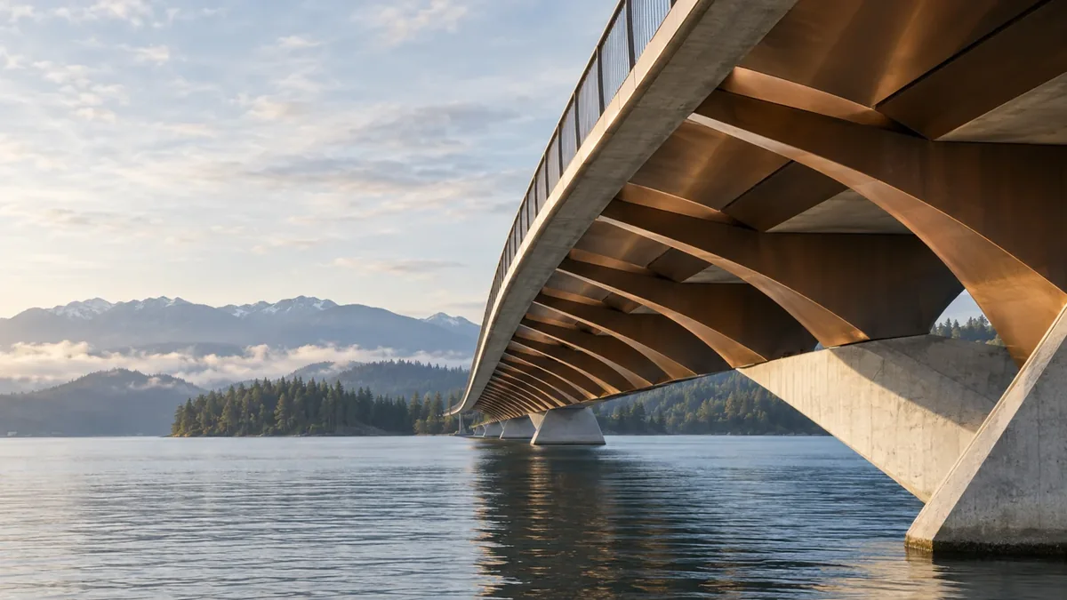 The underside of a curved bridge over calm water, with forested islands and snow-capped mountains beyond
