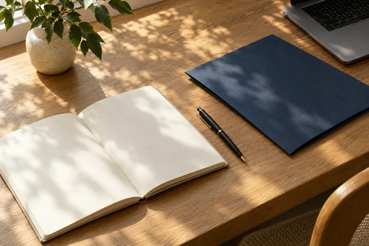 An open notebook, a pen and a navy folder on a sunlit wooden desk