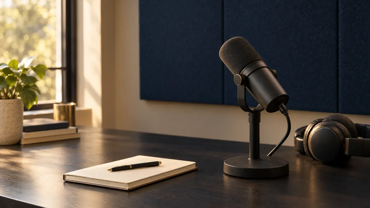 A microphone, headphones and a notebook on a desk in a quiet studio